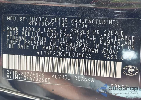 2005 Toyota Camry Le z USA, uszkodzony, nr VIN 4T1BE32K55U005622